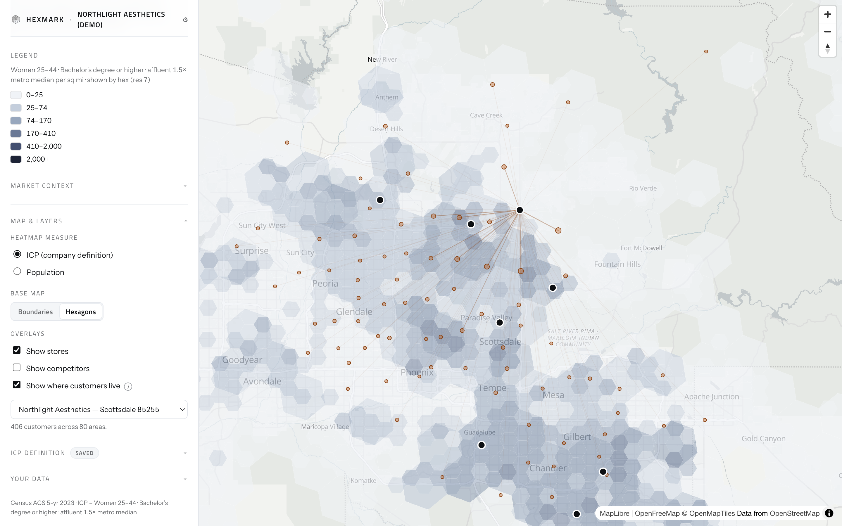 One Scottsdale clinic selected in Hexmark, with lines out to each of the 80 areas its customers live in