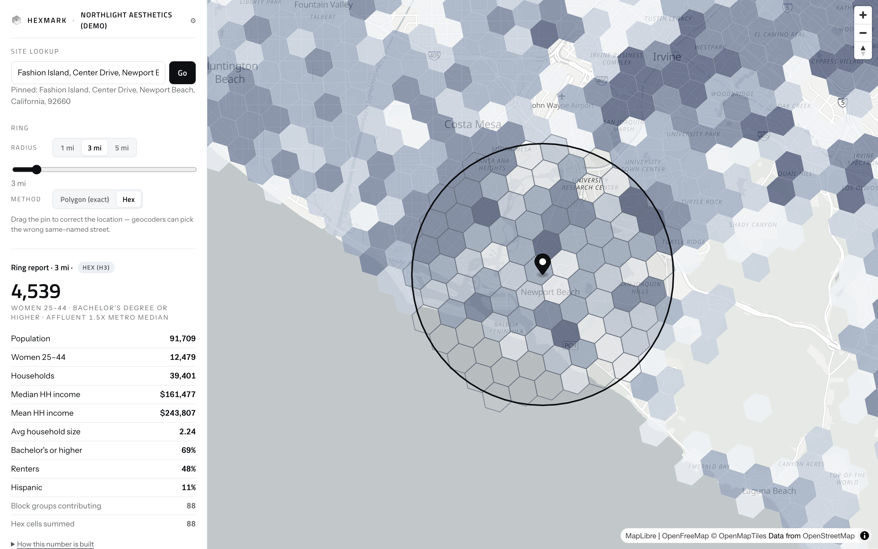 The Hexmark map: census block groups shaded by how many people match this operator's customer definition, a three mile ring around a dropped pin in Newport Beach, and the ring report beside it
